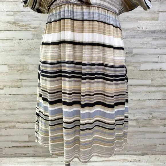 Hale Bob Silk Blend Faux Wrap Dress Womens Size S Tan Black Striped - Picture 3 of 13
